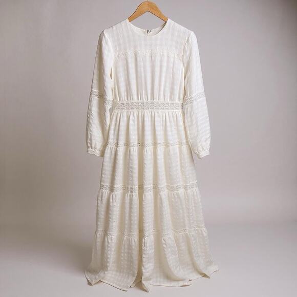 Annah Hariri Maxi Dress Sz 8 White Eyelet Lace L/S Modest Prairie Cottagecore - Picture 1 of 16
